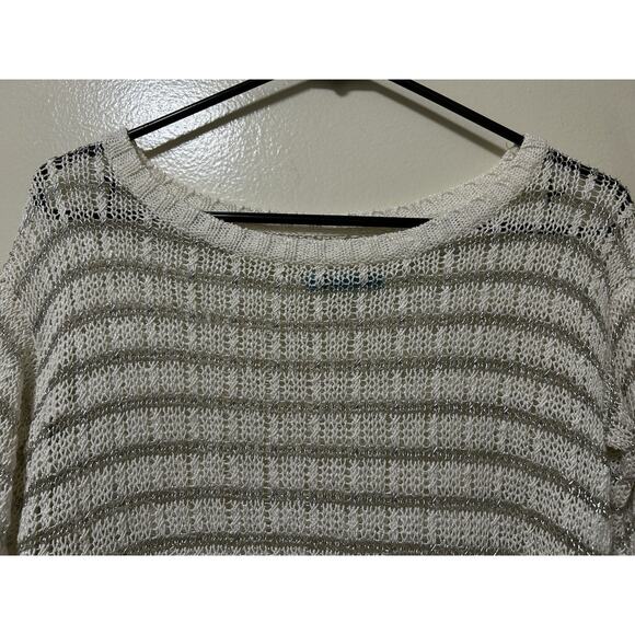 Alice & Olivia Women's Cream/Silver Ethan Metallic Open Knit Sweater - Size Med - Picture 2 of 5